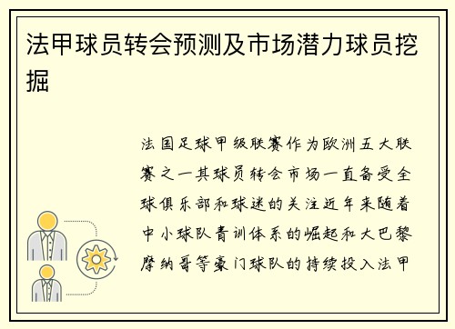 法甲球员转会预测及市场潜力球员挖掘